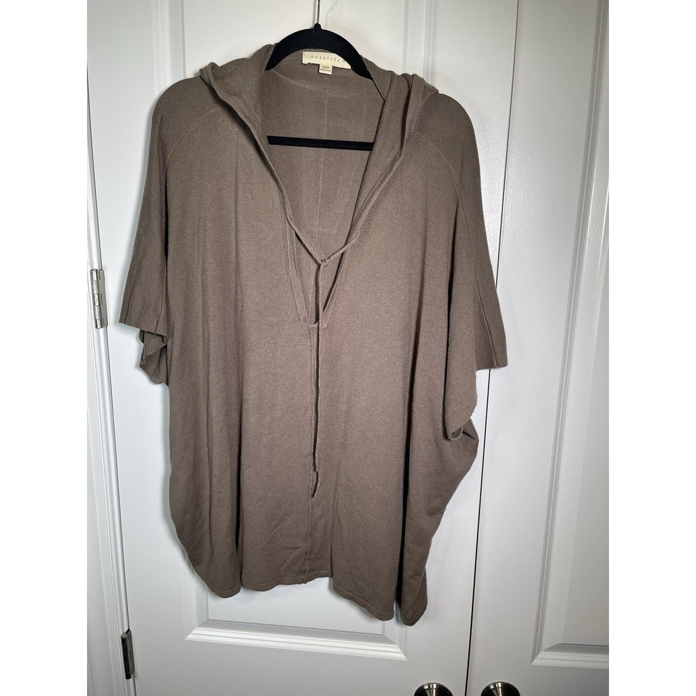 Lovestitch brown hooded knit poncho with a tie-front keyhole closure Size S/M